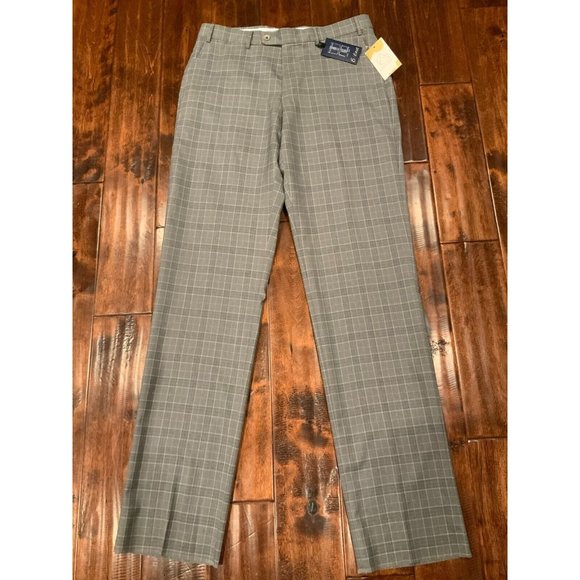 6 East Pants Men's Gray Windowpane Check "Park" Dress Pants, Size 34, NWT!